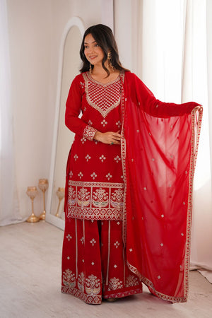Red Sequin with Embroidered Georgette Palazzo Suit (NKB-77-RED)