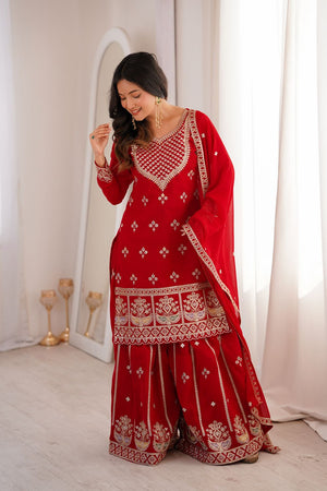 Red Sequin with Embroidered Georgette Palazzo Suit (NKB-77-RED)