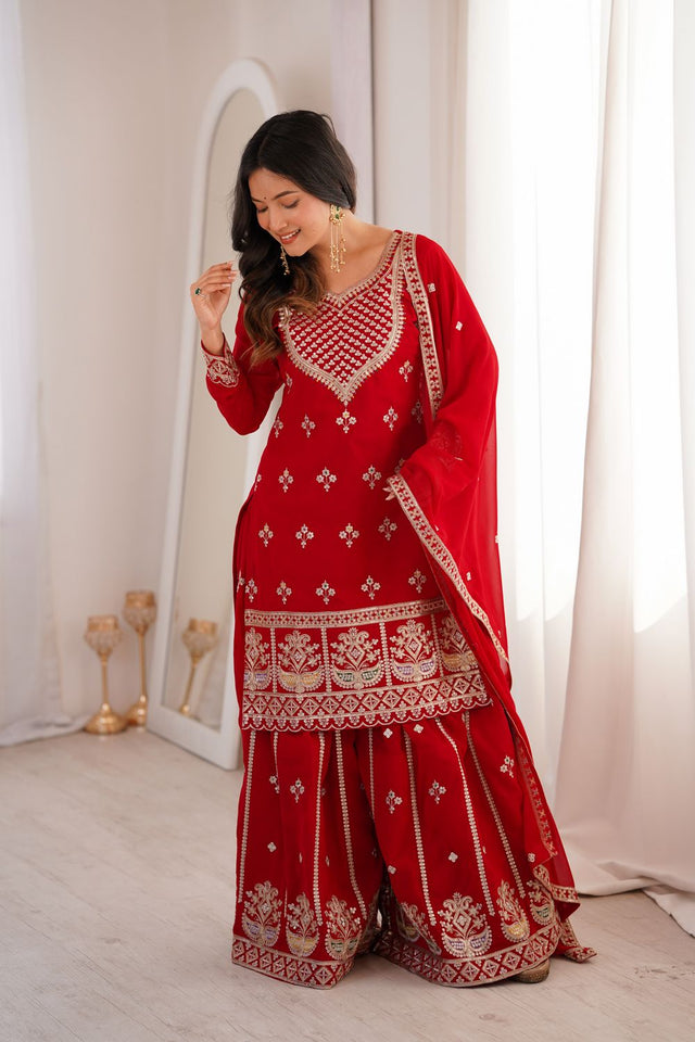 Red Sequin with Embroidered Georgette Palazzo Suit (NKB-77-RED)