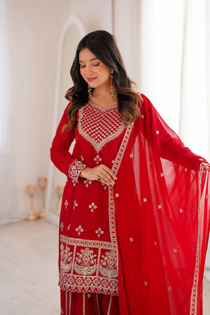 Red Sequin with Embroidered Georgette Palazzo Suit (NKB-77-RED)