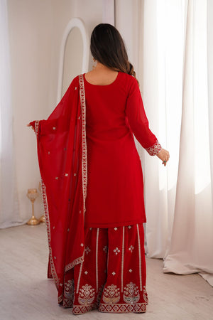 Red Sequin with Embroidered Georgette Palazzo Suit (NKB-77-RED)