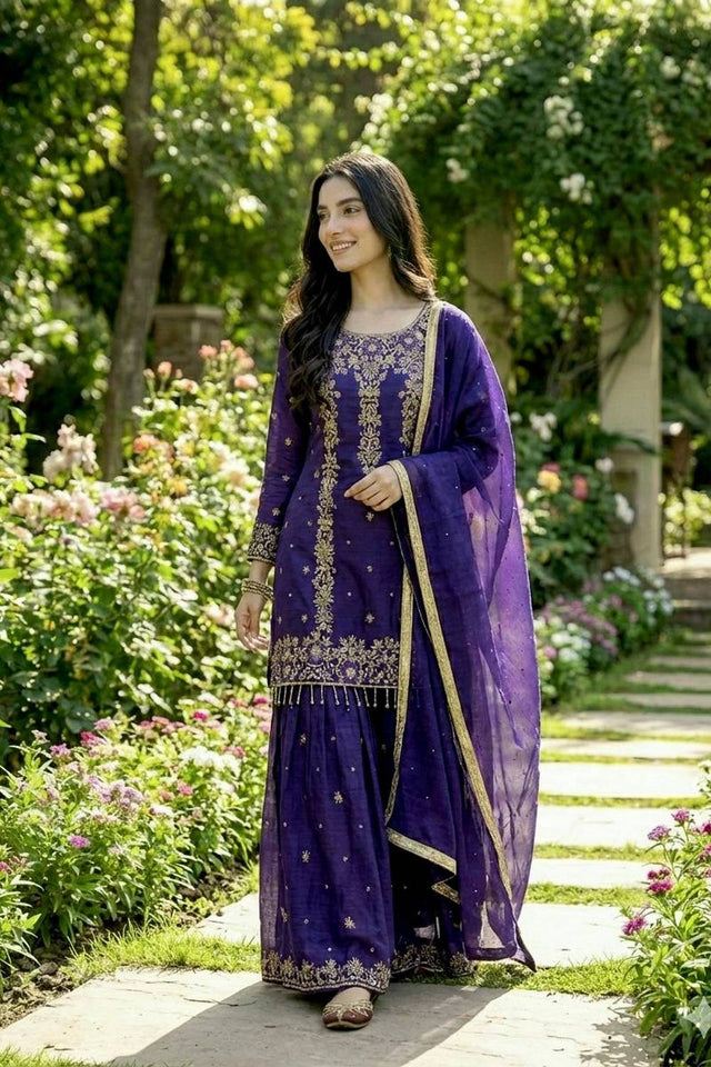 Blue Sequin with Embroidered Silk Sharara Suits