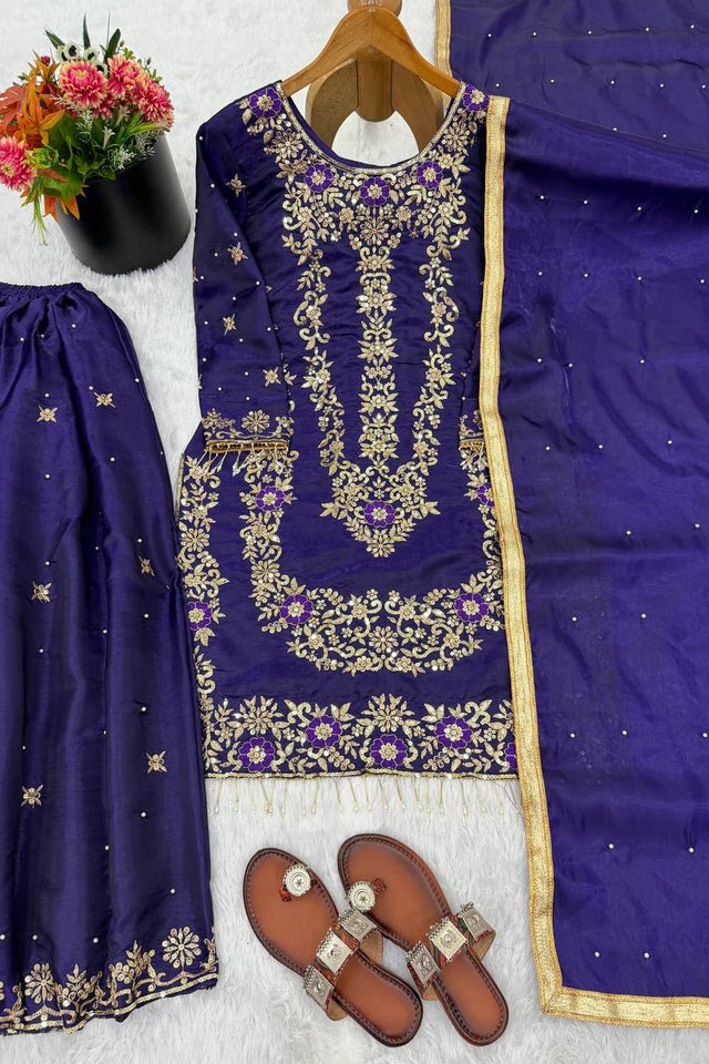 Blue Sequin with Embroidered Silk Sharara Suits
