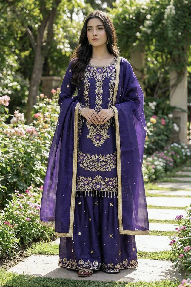 Blue Sequin with Embroidered Silk Sharara Suits