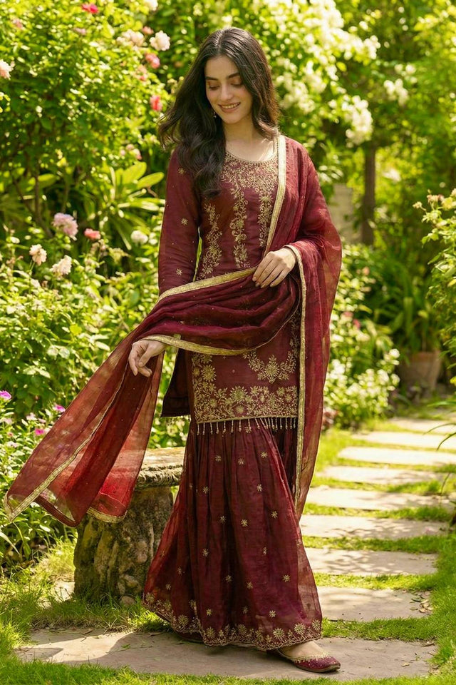 Maroon Sequin with Embroidered Silk Sharara Suits