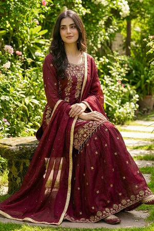 Maroon Sequin with Embroidered Silk Sharara Suits