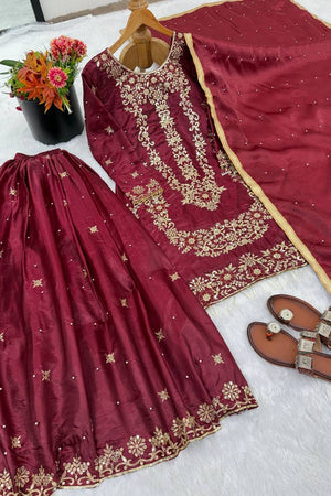 Maroon Sequin with Embroidered Silk Sharara Suits