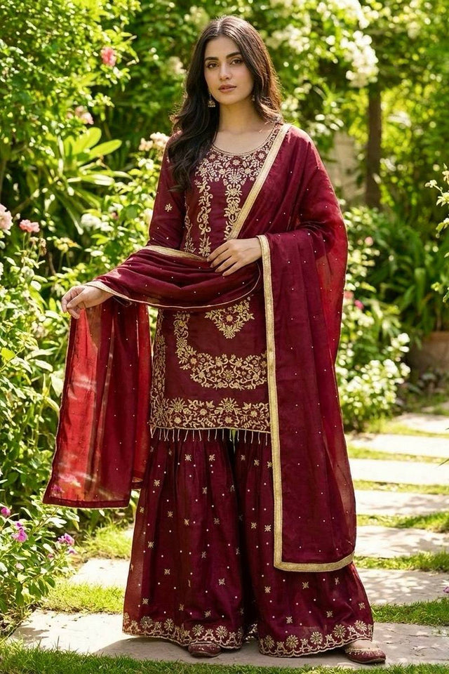Maroon Sequin with Embroidered Silk Sharara Suits