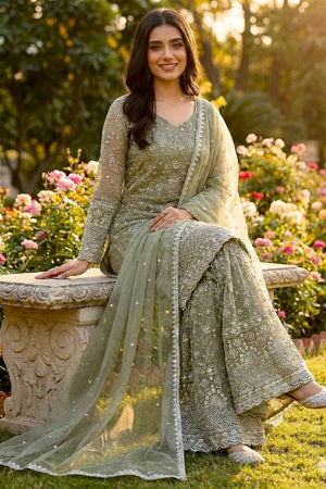 Olive Green Floral Embroidered Silk Sharara Suits