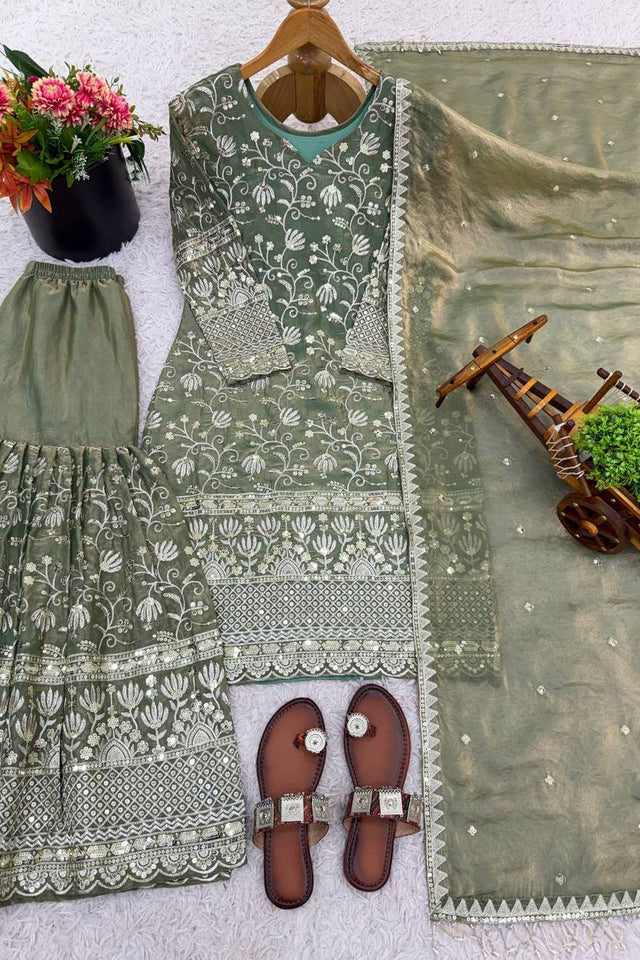 Olive Green Floral Embroidered Silk Sharara Suits