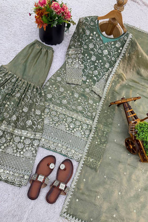 Olive Green Floral Embroidered Silk Sharara Suits