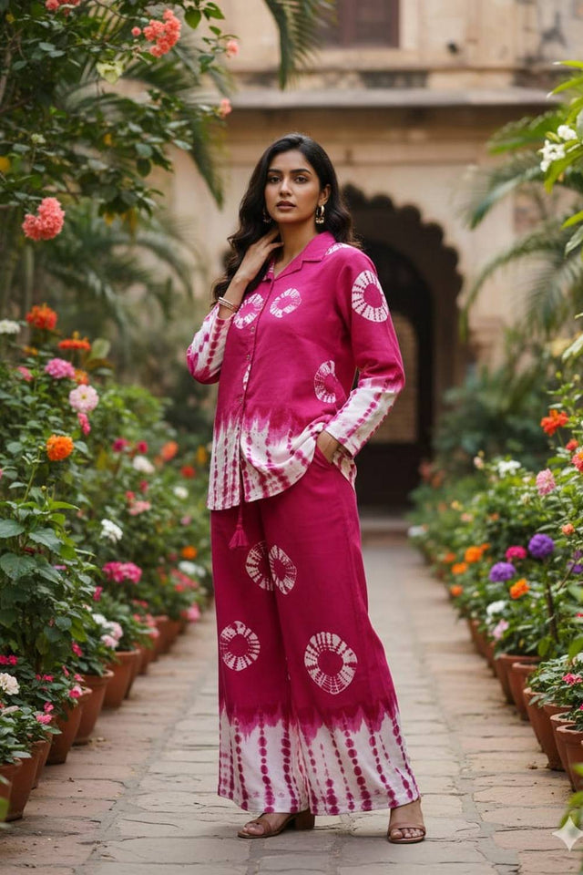 Pink Printed Cotton Kurti Pant Set (NYS-151203-Pink)