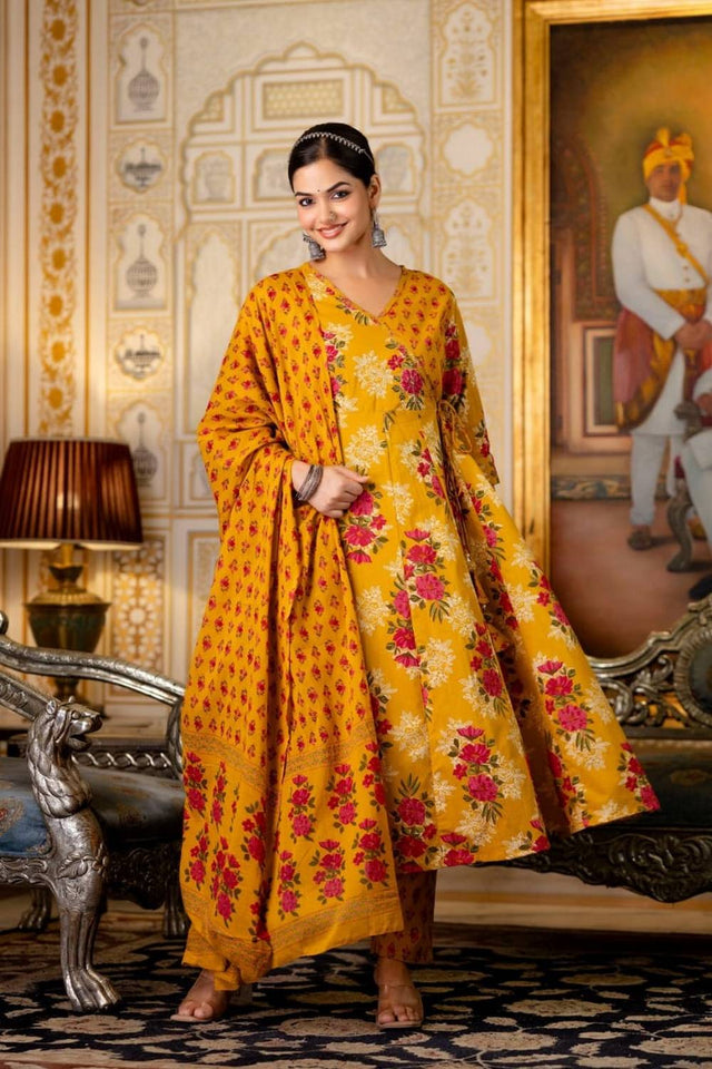 Yellow Floral Printed Cotton Anarkali Suits (NYS-151267-Yellow)