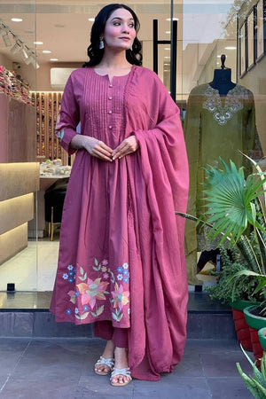 Lavender Floral Embroidered Cotton Anarkali Suits (NYS-151270-Lilac)