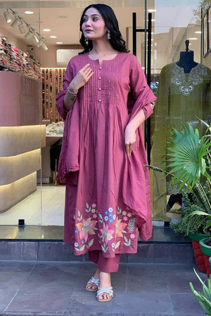 Lavender Floral Embroidered Cotton Anarkali Suits (NYS-151270-Lilac)