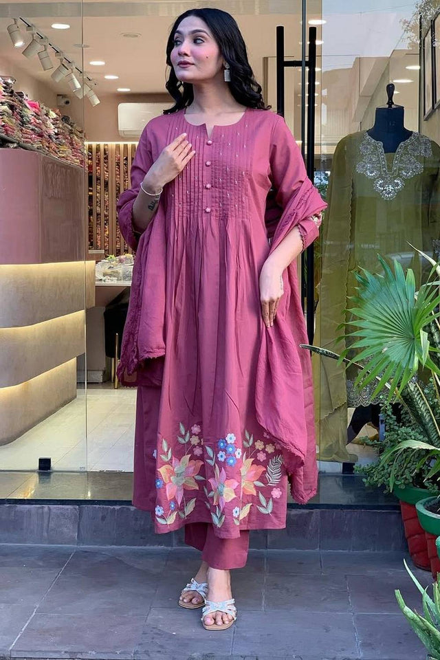 Lavender Floral Embroidered Cotton Anarkali Suits (NYS-151270-Lilac)
