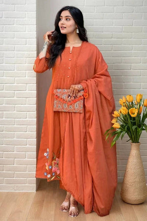 Rust Floral Embroidered Cotton Anarkali Suits (NYS-151270-Rust)