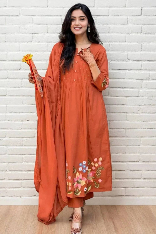 Rust Floral Embroidered Cotton Anarkali Suits (NYS-151270-Rust)