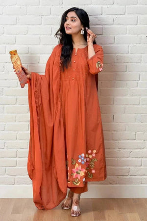 Rust Floral Embroidered Cotton Anarkali Suits (NYS-151270-Rust)
