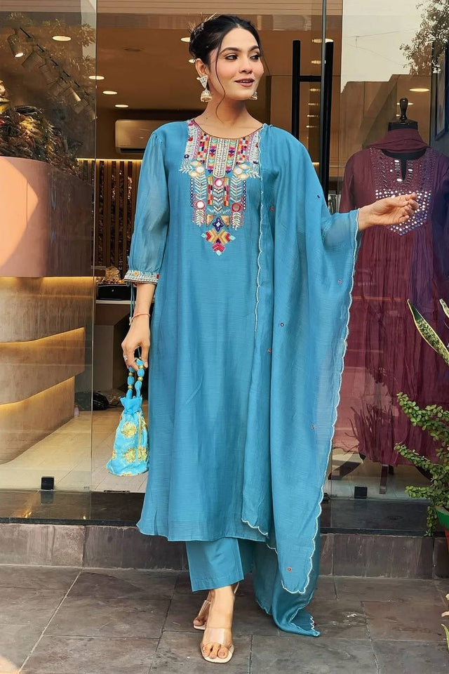 Blue Embroidered Chanderi Kurti Pant Set (NYS-151272-Blue)