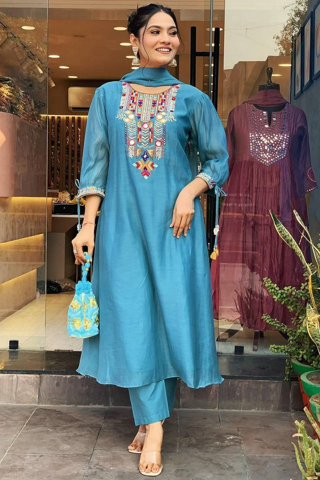 Blue Embroidered Chanderi Kurti Pant Set (NYS-151272-Blue)