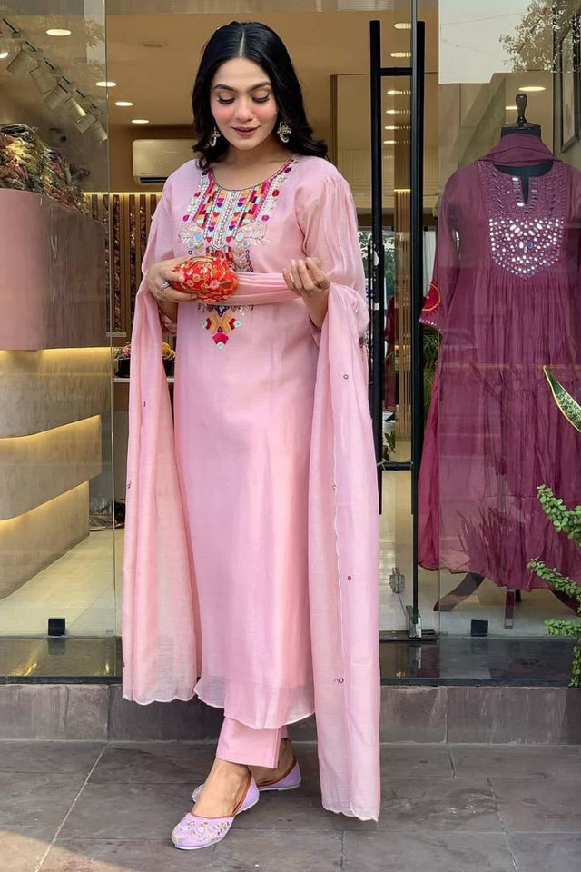 Pink Embroidered Chanderi Kurti Pant Set (NYS-151272-Pink)