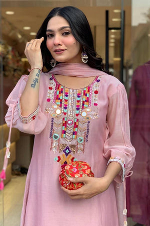 Pink Embroidered Chanderi Kurti Pant Set (NYS-151272-Pink)