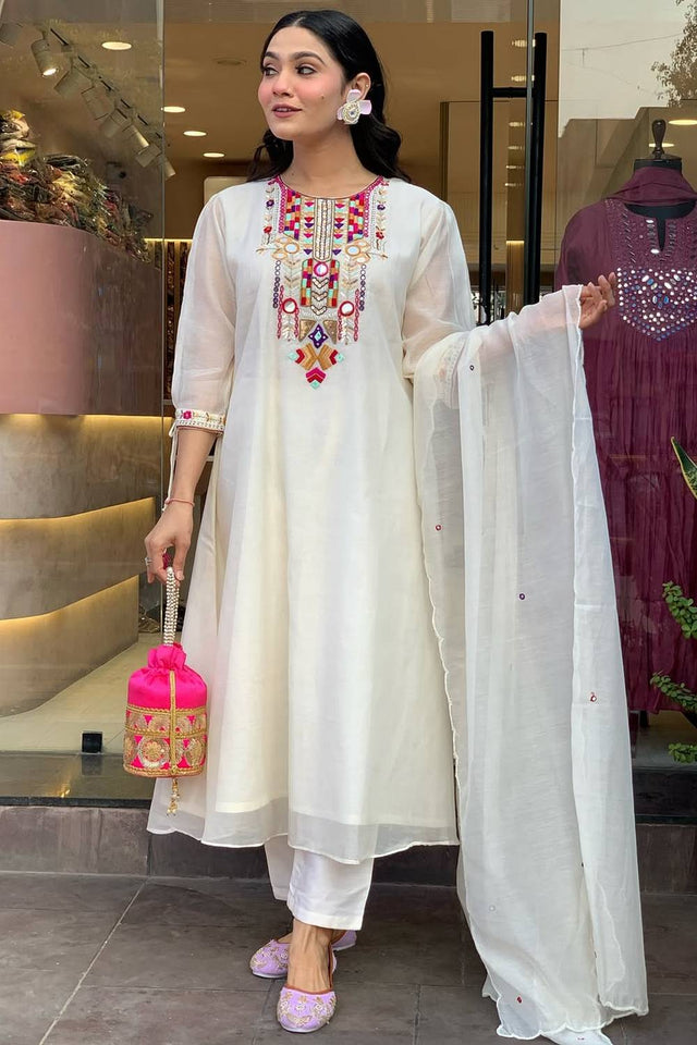 White Embroidered Chanderi Kurti Pant Set (NYS-151272-White)