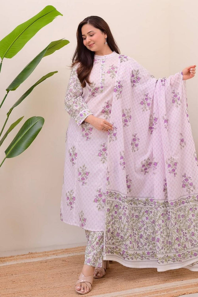 White Floral Printed Cotton Kurti Pant Set (NYS-151277-White)
