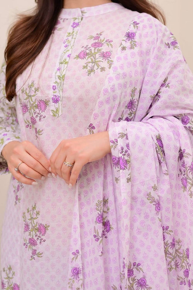 White Floral Printed Cotton Kurti Pant Set (NYS-151277-White)