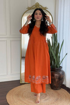 Orange Embroidered Cotton Kurti Pant Set (NYS-151286-Orange)