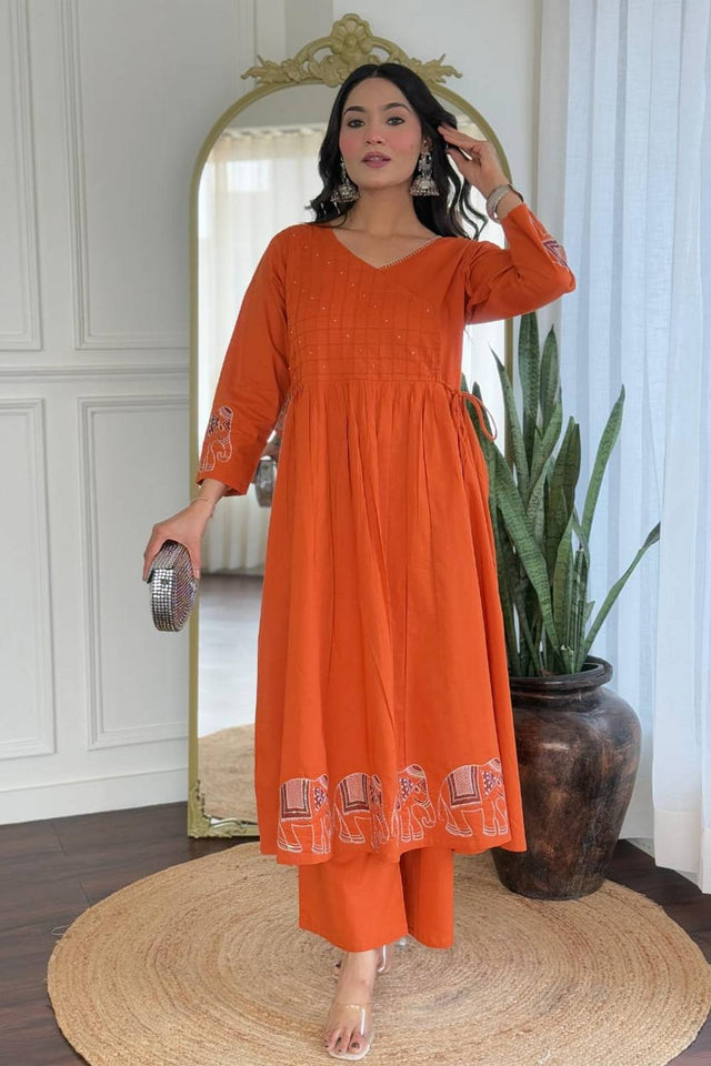 Orange Embroidered Cotton Kurti Pant Set (NYS-151286-Orange)