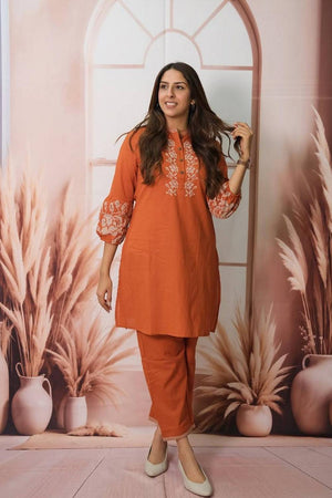 Rust Floral Embroidered Cotton Kurti Pant Set (NYS-151289-Rust)