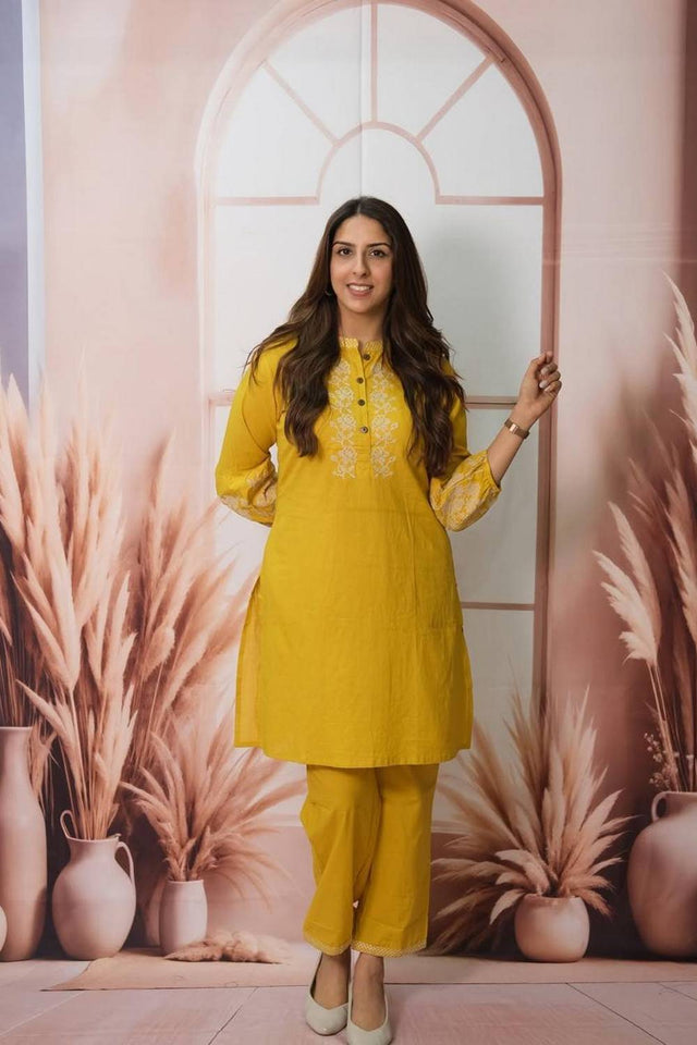 Yellow Floral Embroidered Cotton Kurti Pant Set (NYS-151289-Yellow)
