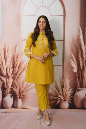 Yellow Floral Embroidered Cotton Kurti Pant Set (NYS-151289-Yellow)