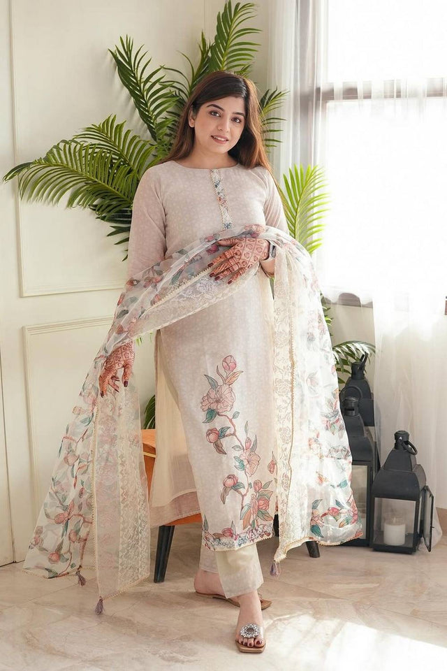 Beige Embroidered Silk Kurti Pant Set (NYS-151295-Beige)