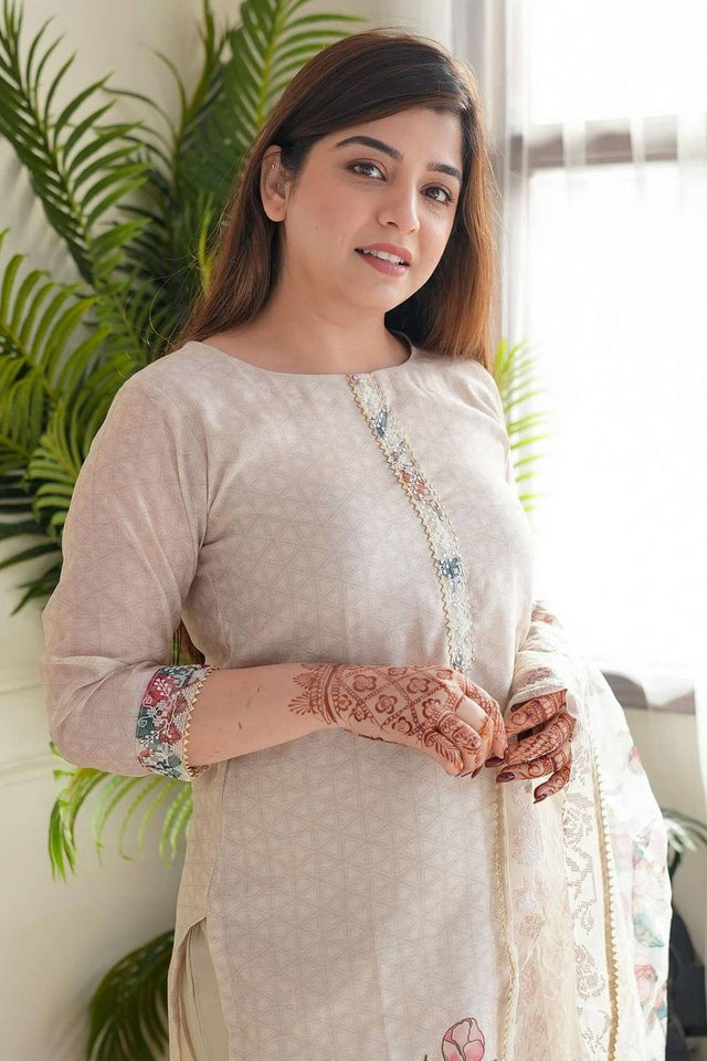 Beige Embroidered Silk Kurti Pant Set (NYS-151295-Beige)