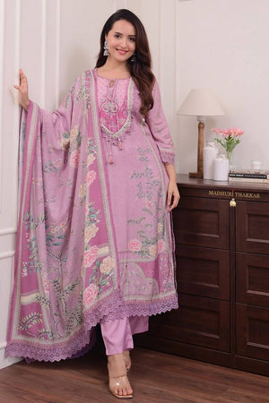 Pink Floral Printed Muslin Kurti Pant Set (NYS-151301-Pink)