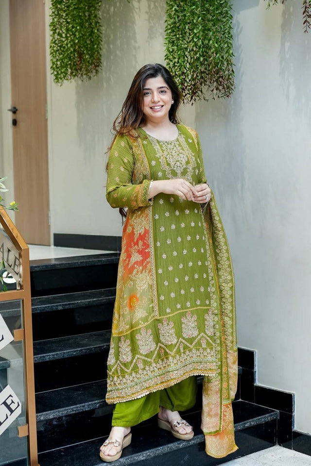 Green Embroidered Chinon Kurti Pant Set (NYS-151302-Green)