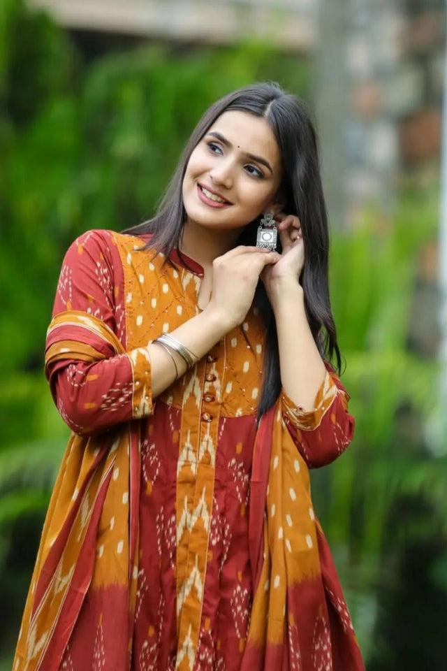 Multi Color Printed Cotton Kurti Pant Set (NYS-151304-YR)