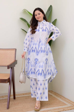 White Printed Cotton Kurti Pant Set (NYS-151307-White Blue)