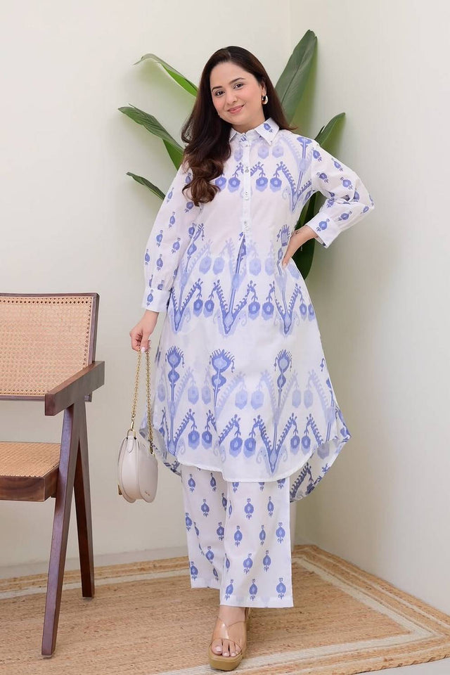 White Printed Cotton Kurti Pant Set (NYS-151307-White Blue)