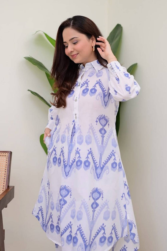 White Printed Cotton Kurti Pant Set (NYS-151307-White Blue)