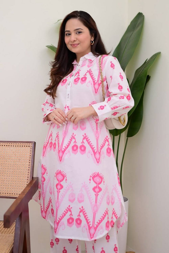 White Printed Cotton Kurti Pant Set (NYS-151307-White Pink)