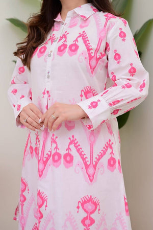 White Printed Cotton Kurti Pant Set (NYS-151307-White Pink)