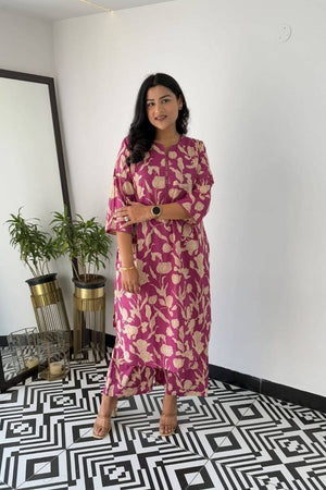 Pink Floral Printed Cotton Kurti Pant Set (NYS-151311-Pink)