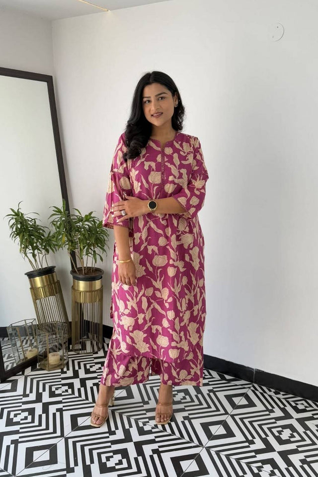 Pink Floral Printed Cotton Kurti Pant Set (NYS-151311-Pink)