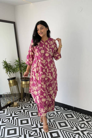 Pink Floral Printed Cotton Kurti Pant Set (NYS-151311-Pink)