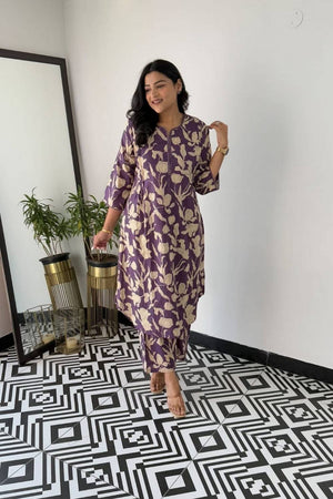 Violet Floral Printed Cotton Kurti Pant Set (NYS-151311-Purple)