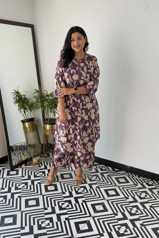 Violet Floral Printed Cotton Kurti Pant Set (NYS-151311-Purple)